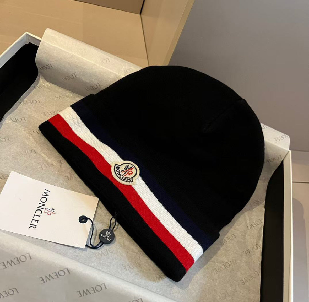 Moncler Tricolore Striped Logo Beanie