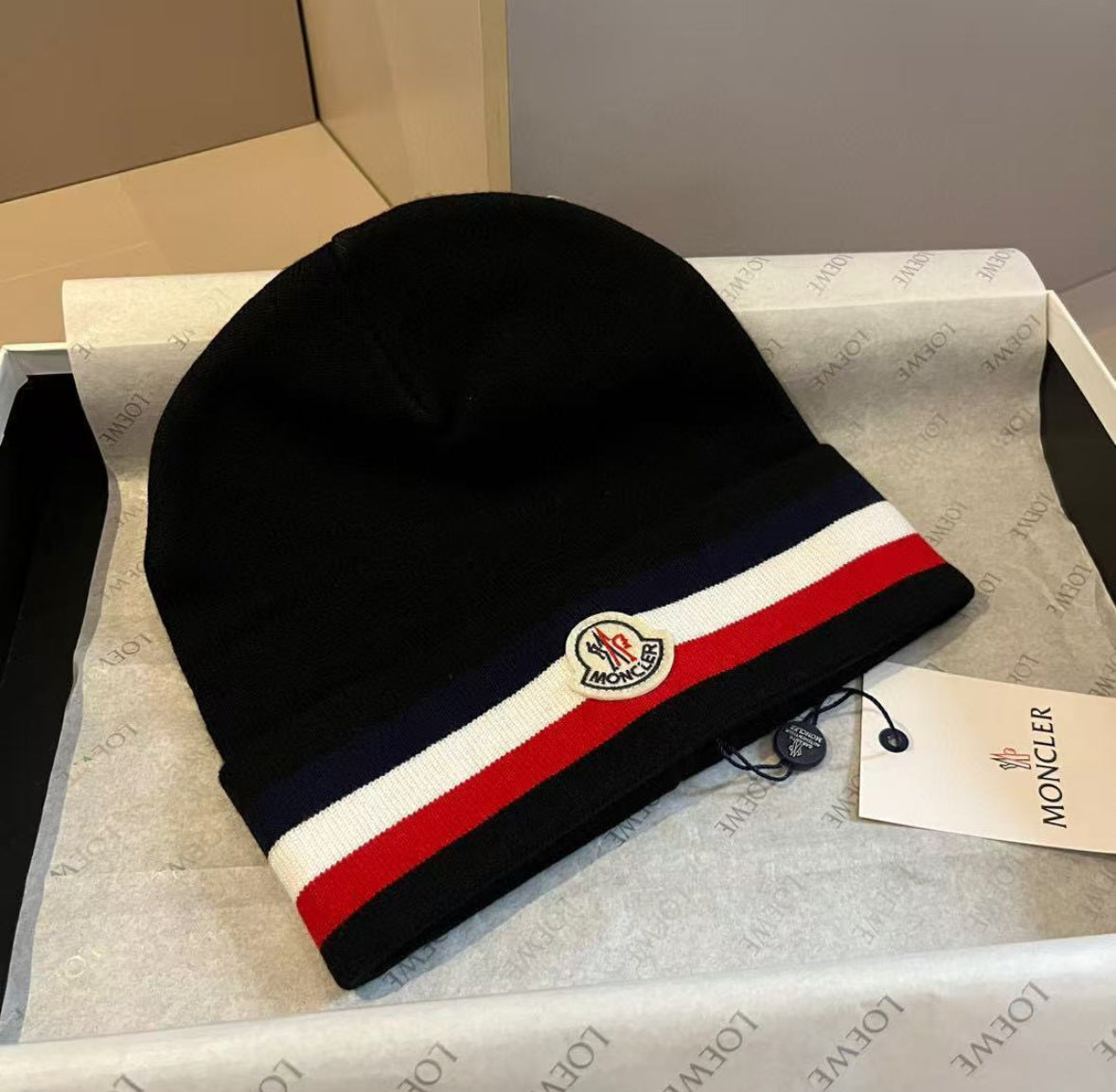 Moncler Tricolore Striped Logo Beanie