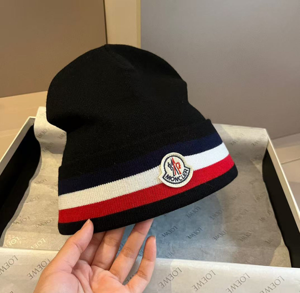 Moncler Tricolore Striped Logo Beanie