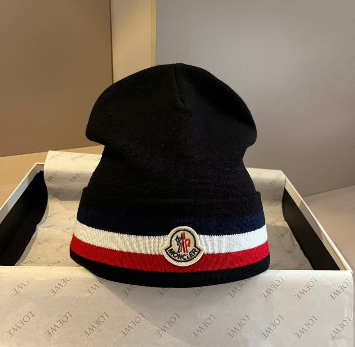 Moncler Tricolore Striped Logo Beanie